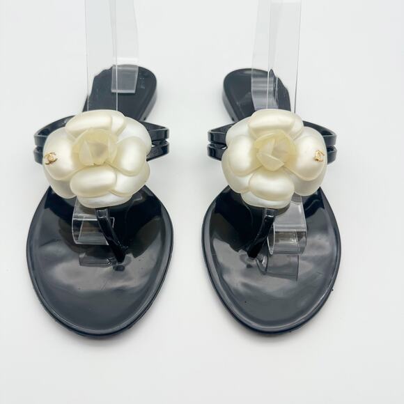 Chanel Camellia Flower Rubber PVC Thong Flip Flop Sandal Black 40 Flat Summer - Picture 3 of 10
